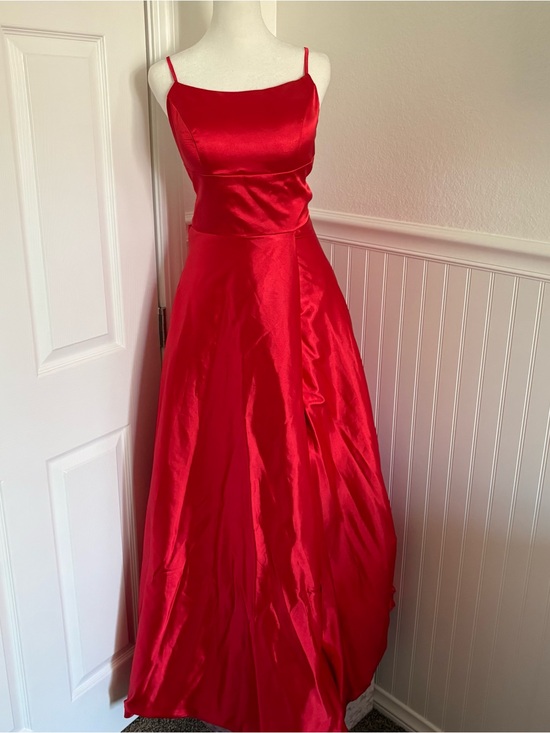 None Dresses & Skirts - Red Satin A-Line Spaghetti Strap Evening Gown with Criss Cross Back